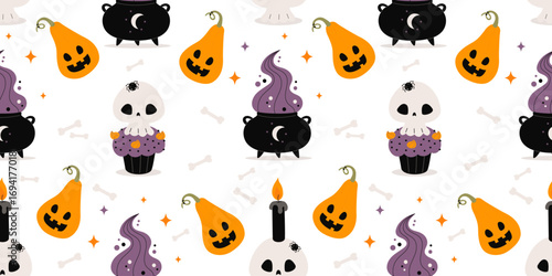 Magic Halloween Seamless pattern. Spooky cauldron with potion smoke, Pumpkin jack o lantern and Creepy cupcake with skull on white background. Vector illustration. Horizontal festive Template. Not AI
