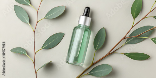 Glass dropper bottle with eucalyptus branch flatlay in eco skincare natural product display design
