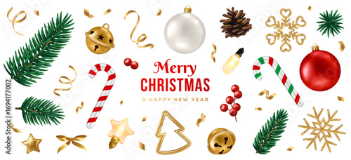 Merry Christmas decorations 3d icons set. Vector illustration. Winter realistic decor elements. Holiday poster banner. Xmas pattern gift card. Gold snowflake, red bauble toy, fir tree branch, confetti