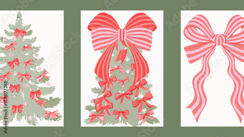 Christmas tree decorated with red bows silhouette isolated on white background