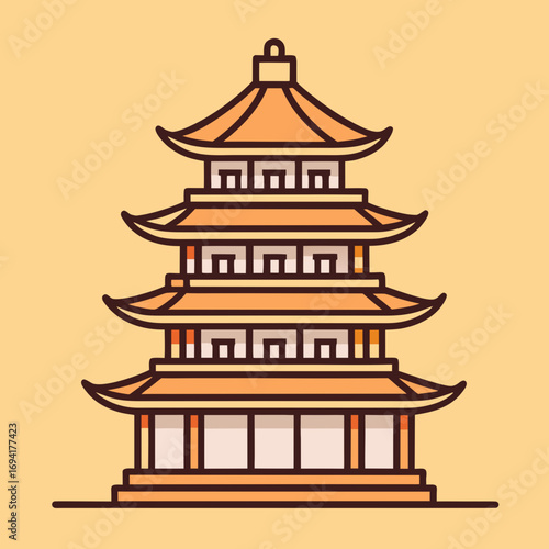 Traditional asian pagoda building silhouette isolated on white background