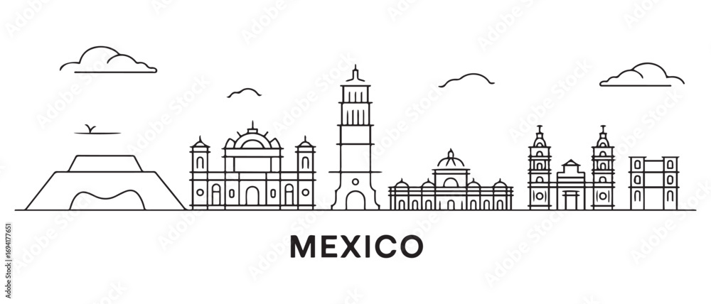 Obraz premium Mexico Line Art skyline. Travel Mexico famous landmarks. Business and tourism concept for presentation, banner, web site. with white background