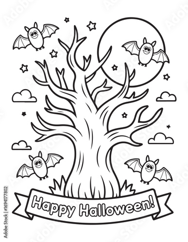 Spooky Halloween Coloring Book Pages For Kids-Adults,  Vectors Illustration, Line Art, Black & White Designs, Bold-Easy, A4 Size 8.5x11" Inches