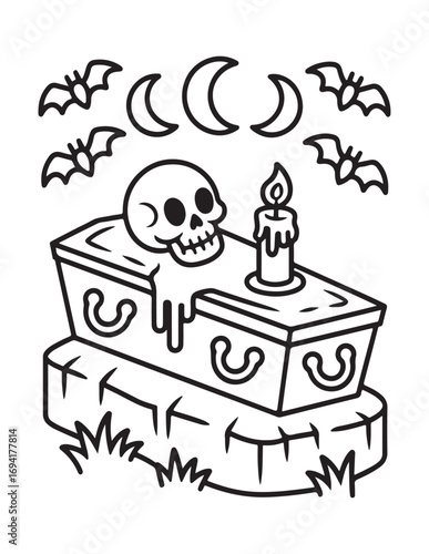Spooky Halloween Coloring Book Pages For Kids-Adults,  Vectors Illustration, Line Art, Black & White Designs, Bold-Easy, A4 Size 8.5x11" Inches