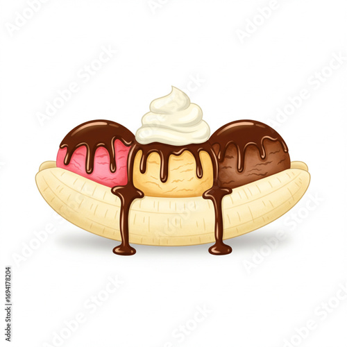 Delicious ice cream sundae banana split with chocolate sauce and whipped cream