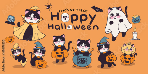 Cute Halloween cartoon cats in costume including witch, ghost, and pumpkin characters on orange background with trick or treat text, perfect for party designs and autumn illustrations