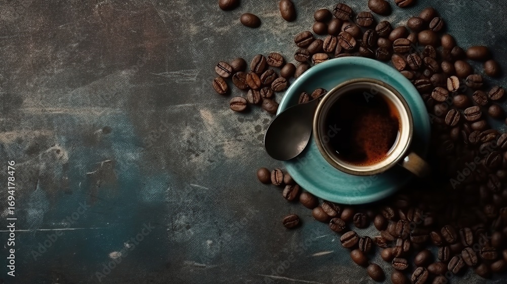 Naklejka premium Aromatic espresso in a teal cup on a dark textured surface