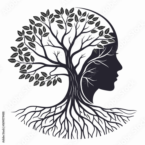 Tree of life human head silhouette isolated on white background