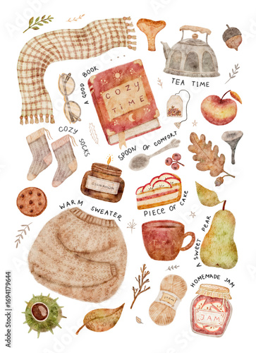 A beautiful digital watercolor illustration of a cozy autumn collection, including a sweater, book, tea set, and various fall elements arranged perfect for a poster or card design with lettering