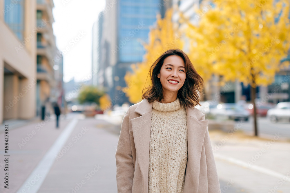 Fototapeta premium 秋の街並みを歩く笑顔の若い日本人女性のポートレート