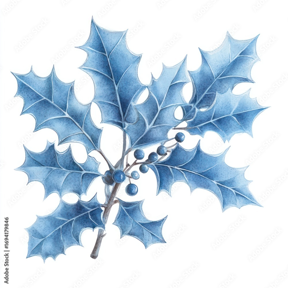 Naklejka premium Blue Christmas holly leaves leaf watercolor nature.