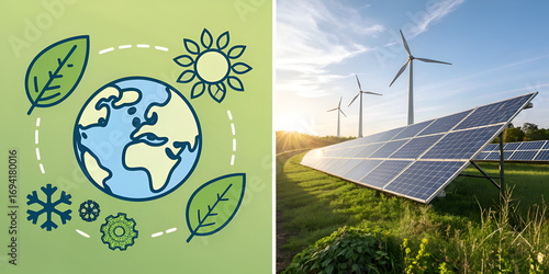 Eco collage of solar panels and earth icons in sustainability renewable lifestyle modern design
