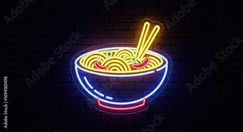 Neon ramen bowl against brick background noodles chopsticks chilis  peas glow in yellow blue  red