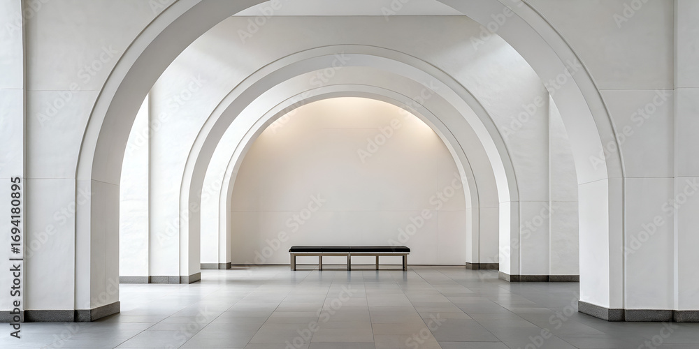 Fototapeta premium Modern minimalist interior with white arch and bench in elegant cozy neutral home decor design