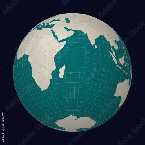 Republic of Mauritius on the map. Globe centered to Mauritius. Country location on the world map. Teal Pale Mint color palette. Globe with countries, meridians and parallels.