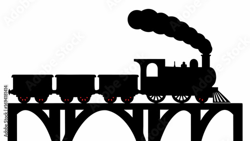 Silhouette of a steam train with three cars on a bridge with smoke coming from the smokestack
