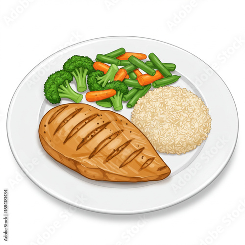 Grilled chicken breast with vegetables and rice healthy meal on a white plate