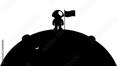 Silhouette of an astronaut planting a flag on a moon with craters in a black and white illustration