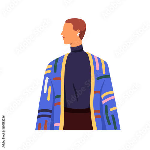 Man in modern fashion style outfit, head turned to side, profile. Stylish young male in colorful cardigan, turtleneck, earrings, creative clothes. Flat vector illustration isolated on white background