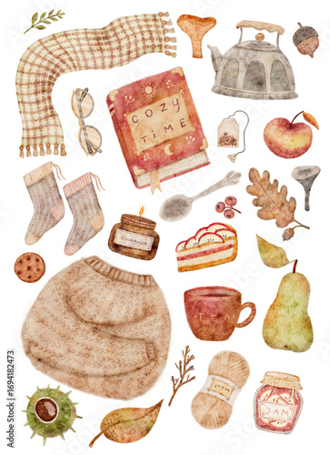 A charming digital watercolor collage featuring a collection of cozy autumn items, ideal for creating greetings cards, posters, and other seasonal projects.