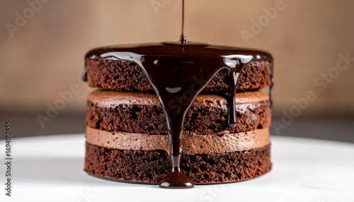 Rich dark chocolate ganache pouring over a decadent two-layer mini chocolate cake with mousse filling.