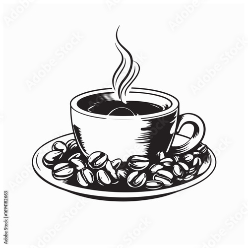 Delicious Hot Coffee Cup with Coffee Beans Vector Illustration Design