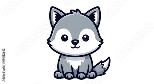 A cute vector cartoon of a sitting black and white feline character with a fox tail