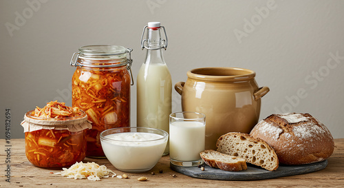 A healthy assortment of probiotic-rich fermented foods like kimchi, sourdough bread, and kefir on a rustic wooden table.