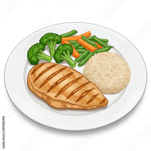 Healthy Grilled Chicken Breast with Vegetables and Rice on a White Plate
