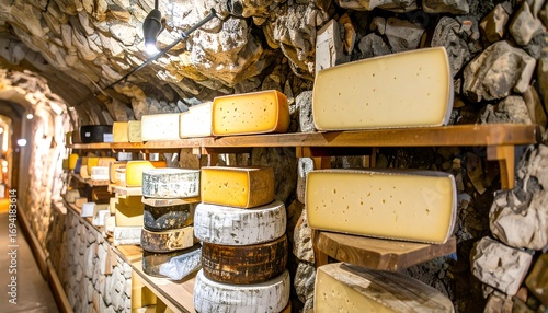 Cheese aging in a stone cellar, showcasing traditional preservation methods