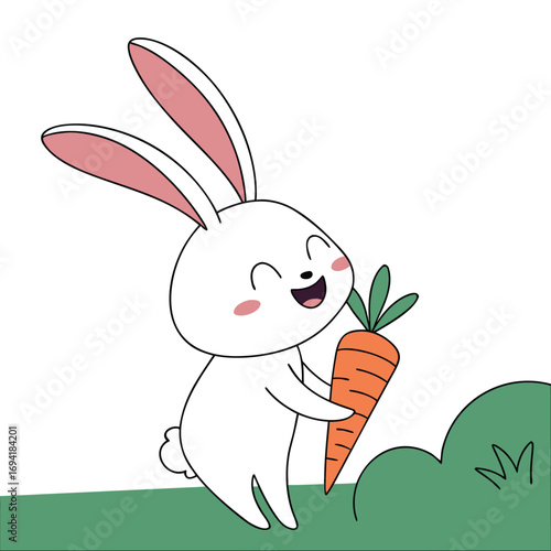 Joyful cartoon bunny holding a fresh carrot, celebrating spring harvest and healthy eating