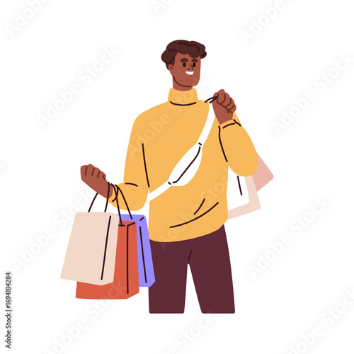 Happy man with shopping bags in hands. Smiling young buyer holding many purchases from sail, retail store discount. Satisfied customer, consumer. Flat vector illustration isolated on white background