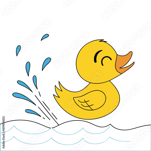 Joyful yellow rubber duck splashing playfully in bright blue water, perfect for kids' themes