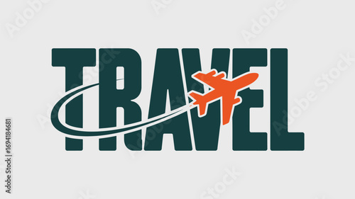 The word travel in dark green with an orange airplane flying through the letter v on a white background