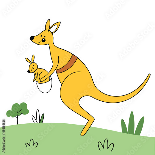 Adorable mother kangaroo carries joey in pouch, hopping across grassy landscape with cute cartoon style