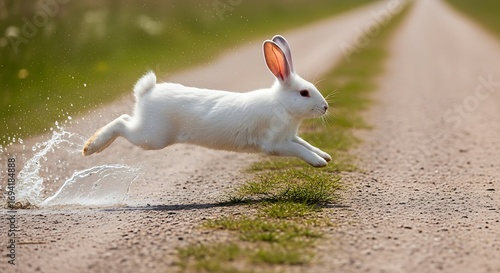 White rabbit hopping across country road