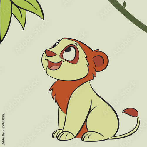 Adorable cartoon lion cub looks up with joy in a whimsical jungle setting