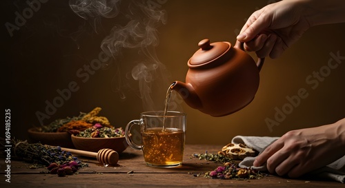 Hands pouring steaming herbal tea from a clay teapot into a glass mug, surrounded by natural dried herbs, spices, and honey on a rustic wooden table.