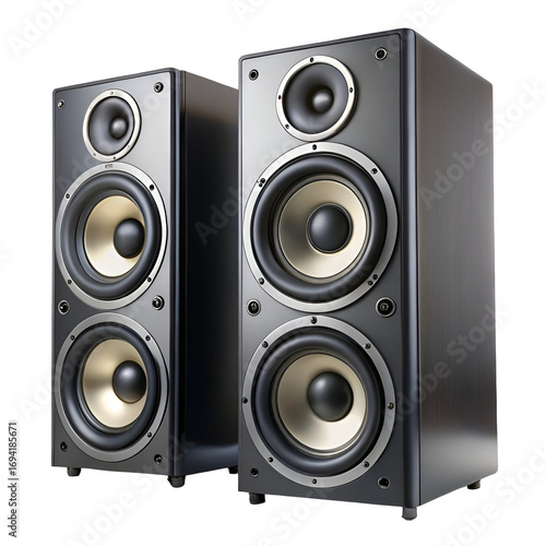 Pair of black audio speaker boxes isolated on transparent background
