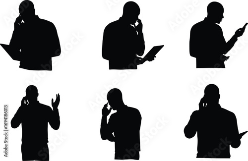 Businessman silhouette talking on phone, using tablet, mobile communication, professional technology, digital device, working man, office concept, business interaction.