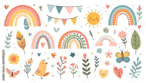 Fototapeta Naklejka Na Ścianę i Meble -  Charming whimsical illustration featuring rainbows, sun, bird, plants and flowers