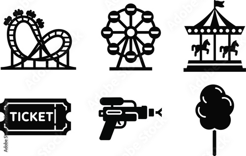 A roller coaster, a Ferris wheel, and a carousel with horses. Amusement pack funfair icons editable vector illustration. Coaster car festival ticket game show set. Fair rides fairground icons