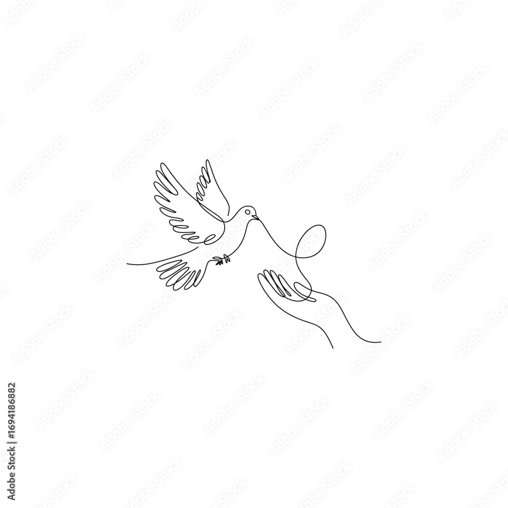 Fototapeta premium Minimalist Line Art Depicting a Dove Delivering a Message to a Hand Symbolic of Peace and Hope
