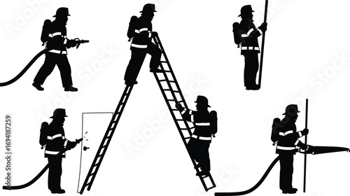 Firefighter silhouette images, fire safety, fire hose, ladder climbing, rescue operations, emergency response, fireman gear, fire rescue, safety training, firefighting actions.