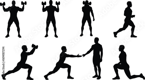 Fitness silhouettes, man lifting dumbbells, exercising, workout training, stretching exercises, strength building, healthy lifestyle, gym activities, personal training, fitness coaching concepts.