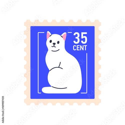 Cute cat on post stamp. Funny postage design with adorable feline animal, pet...
