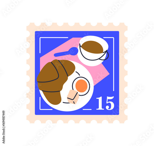 Post stamp with coffee and croissant. French cuisine, breakfast food, postal ...