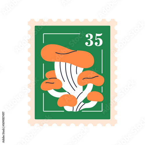 Mushrooms, post stamp, fall forest nature, postage design. Autumn fungi, seasonal fungus on collectible philately sticker, adhesive postal mark. Flat vector illustration isolated on white background
