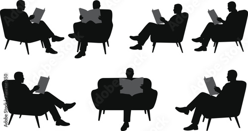 Man reading newspaper, sitting in chair, relaxed posture, leisure time, home activity, male silhouette, news reading, casual environment, indoor relaxation, reading habit.