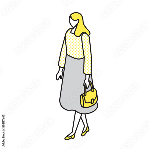 黄色いバッグを持つ女性の立ち絵イラスト